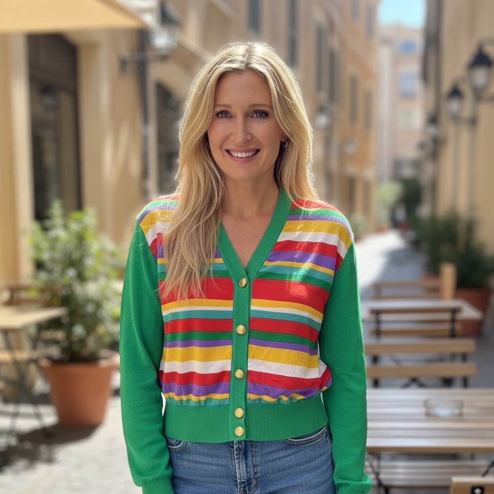 Carlisle Sport Vintage 100% Silk Rainbow Stripe Cardigan Sweater Green Small